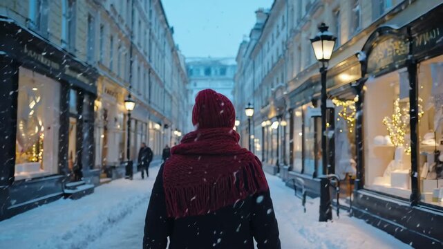 Woman walking in snowy urban street during winter evening  