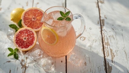 A pitcher of grapefruit lemonade with lemon slices and mint leaves, surrounded by halved grapefruits and ice, on a rustic wooden surface.