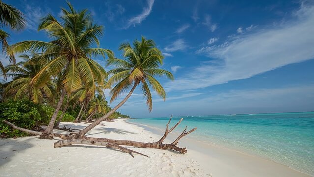 Tropical beach scene with palm trees, white sand, and clear blue water under a partly cloudy sky. - Powered by Adobe