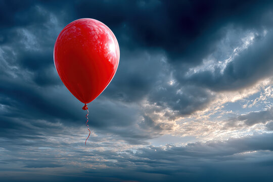Red balloon floats alone in a cloudy sky during twilight hours