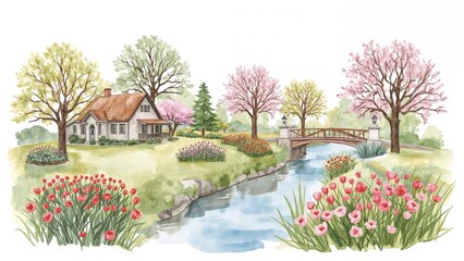 Obraz premium Spring landscape with trees, house, bridge, and blooming flowers by the river. Nature scene with lush greenery, water, and colorful blossoms.