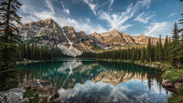 A serene mountain landscape with a calm lake, tall pine trees, and rugged peaks under a partly cloudy sky.