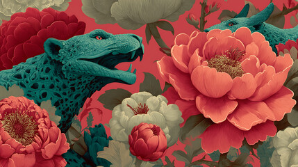 mythical beasts like hydra and cerberus with abstract florals, background 