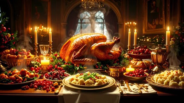 An opulent Christmas or Thanksgiving feast featuring a roasted turkey, rich side dishes, and copious candles in a luxurious, antique setting. Evokes tradition, wealth, and grand celebrations.