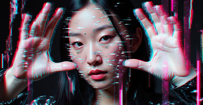 A young East Asian woman is captured in a striking portrait with hands raised, featuring strong digital glitch effects, data noise, and vibrant cyan and magenta chromatic aberration.