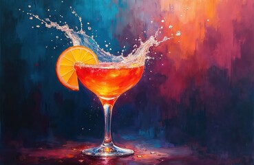 Painted cocktail illustration with vibrant colors. Glass filled with drink splashing. Orange slice adorns. Art suitable for bars menus, party themed designs. Fun energetic vibe. Celebrate with mixed
