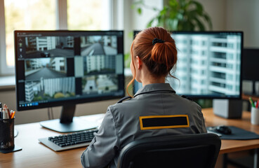 Woman watches multiple surveillance screens in security room. Female operator supervises area from control center. She monitors live video feeds on computer monitors.