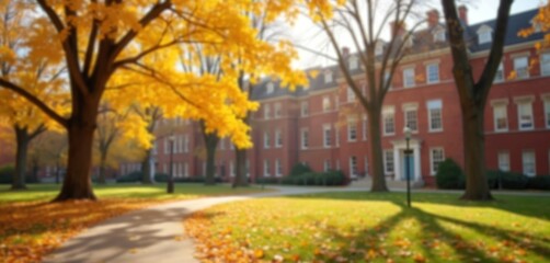 Beautiful college campus in autumn. Red brick university buildings stand tall among trees with bright yellow foliage. Fallen leaves cover green grass, winding path. Sunny day at academe grounds with