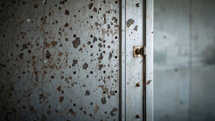 Obraz premium Rusty metal door with speckled and weathered surface and a latch.