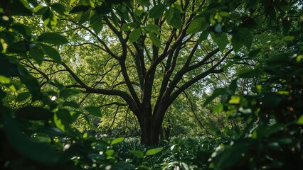 Fototapeta premium A tree surrounded by lush green foliage with sunlight filtering through the leaves. Nature and forest scene. The concept of trees and greenery.