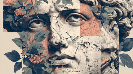 greek statues with cracks and plants growing through them, background 