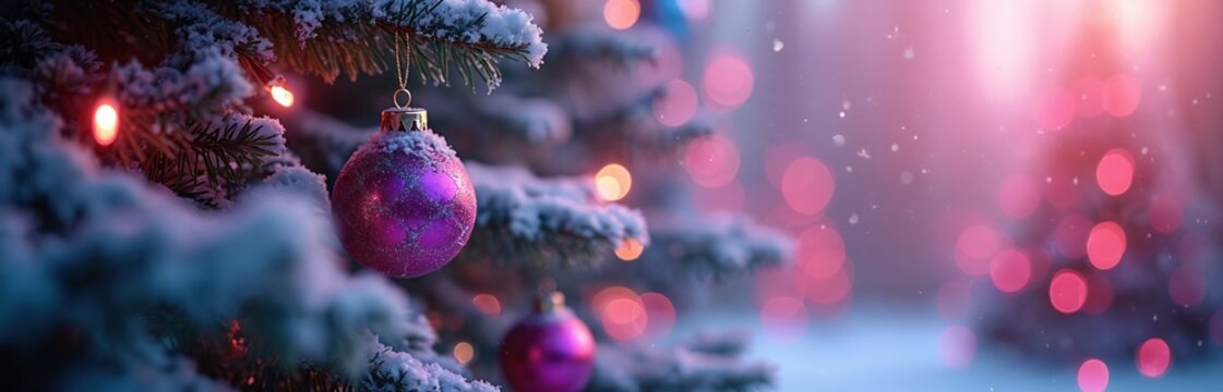 Decorated Xmas tree on blurred bokeh background. Purple bauble on snowy branch. Christmas tree with colorful garland lights, falling snow creates festive mood. Winter holidays backdrop with copy - Powered by Adobe