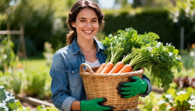 Smiling woman holding a basket of fresh carrots in a garden. Female farmer with a bountiful organic harvest. Healthy lifestyle concept