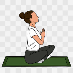 Padmasana pose. Hand-drawn illustration of a woman practicing yoga on a mat. Relaxing and mindful pose symbolizing balance, harmony, and self-care