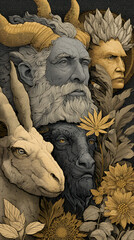 ancient gods and hybrid creatures with botanical ornaments, background 