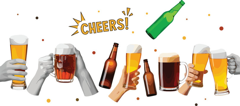 A vibrant illustration showcasing diverse hands raising glasses and bottles of refreshing beer in a joyous toast, perfect for celebrating good times and friendship