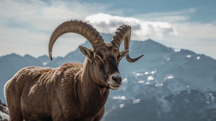 A goat with large, curved horns standing against a mountain landscape background.