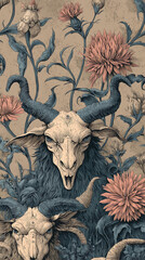 surreal mythological beings mixed with floral motifs, background 