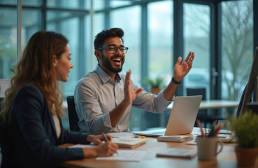 Cheerful man explains idea to coworker in modern office. He sits at desk with laptop. Woman takes notes. Diverse team work together. Brainstorming or collaboration at workplace.