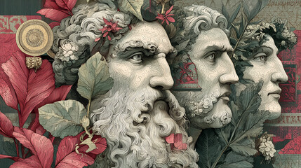 mythical gods with botanical and geometric fragments, background 