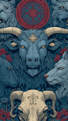 slavic myth creatures and ritual symbols, artistic linework,  background 