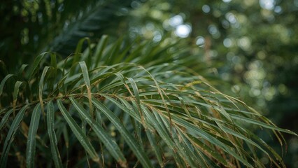 Lush green palm leaves in a dense tropical forest.