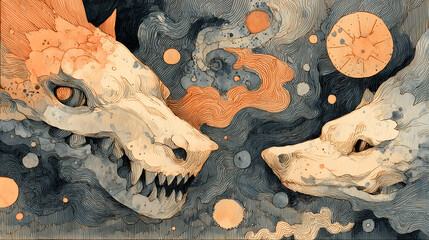 surreal creatures from folklore with cosmic symbols, background 