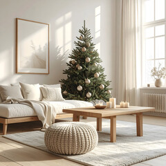A cozy living room decorated for Christmas. A Scandinavian-style Christmas tree stands next to a wooden coffee table. Soft cushions and a knitted pouf add warmth.