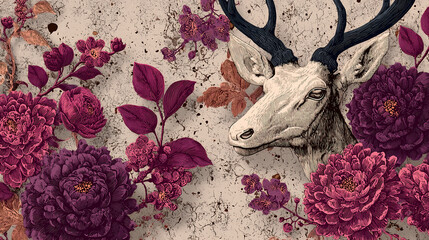 fantasy beasts and ancient runes mixed with abstract florals, background 