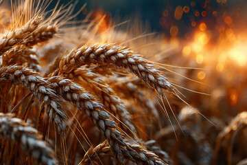 Fototapeta premium Golden Wheat Stalks in Sunset Glow Close Up
