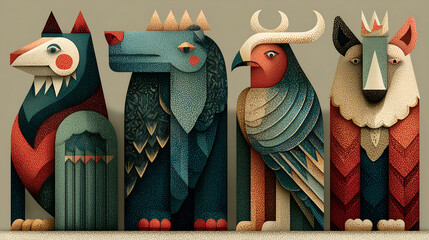 retro folk creatures with modern geometric accents, background 