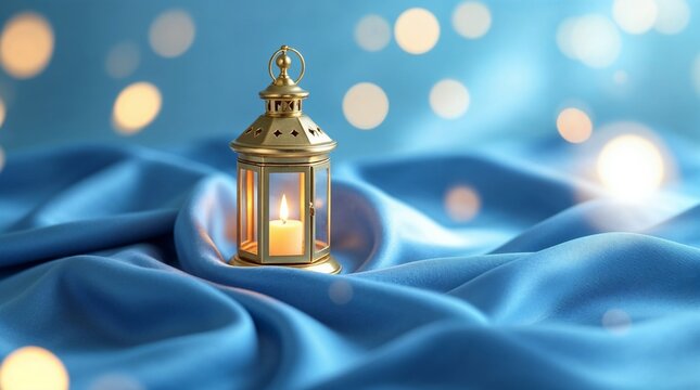 A golden Christmas lantern with a lit candle on blue silk fabric. Festive holiday decoration with a warm glow and bokeh lights background. Native scene concept