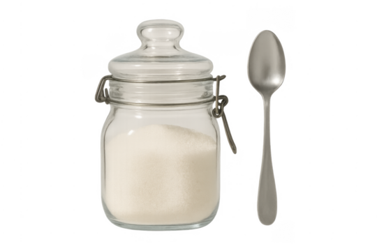 Granulated white sugar in glass jar with spoon