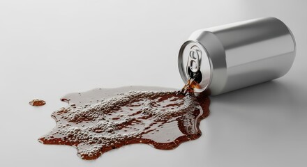 Spilled soda can with dark liquid flowing on gray surface  