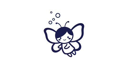 Cartoon butterfly character floating with bubbles against white background
