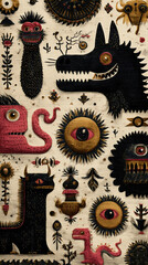 mythical creatures with folk ornaments, background 