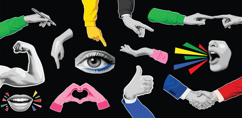 Dynamic set of human expression icons including various hand signs, a speaking mouth, and an eye, representing communication and social interaction