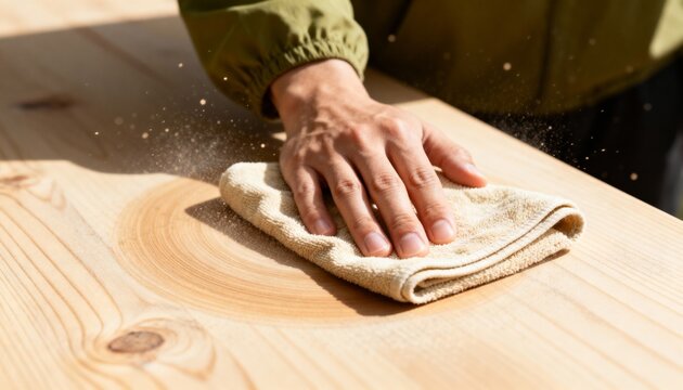 Close-up of a hand polishing a wooden surface with a cloth. Carpenter working on furniture restoration. DIY woodworking project with sawdust in the air