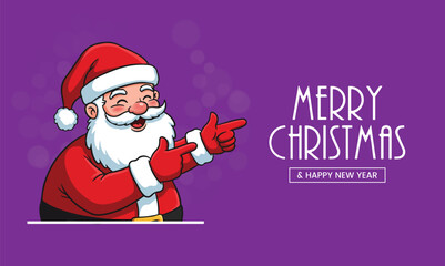  Funny Cartoon Santa Claus Character Pointing Right on Purple Background, Merry Christmas and Happy New Year