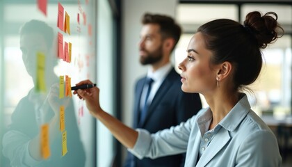 Young businesswoman writes on glass board with sticky notes in modern office. Man in suit stands in background. Teamwork, planning, collaboration in corporate environment. Professionals work together