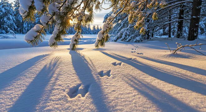 Goat hoof prints in snow under pine tree shadows on a winter forest ground
