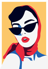 Pop art portrait of stylish woman in sunglasses and red headscarf on yellow background