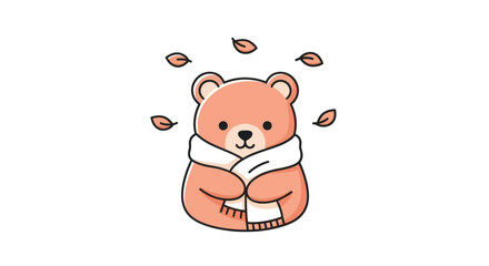 Cartoon bear with scarf and falling leaves on a clean white background