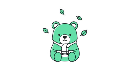 Cartoon bear with scarf sitting with leaves falling vector illustration