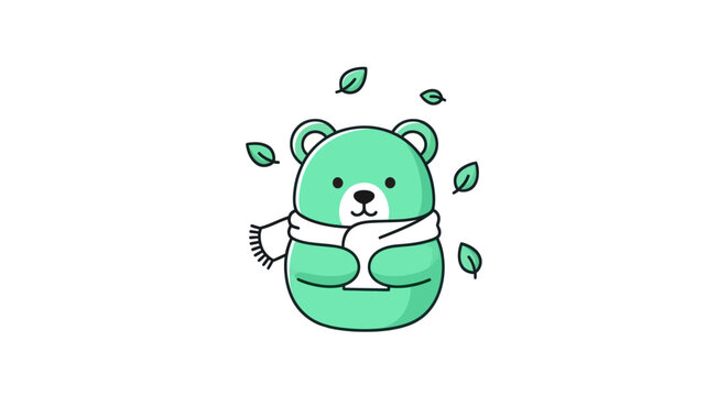 Cartoon bear with scarf and floating leaves on a white background
