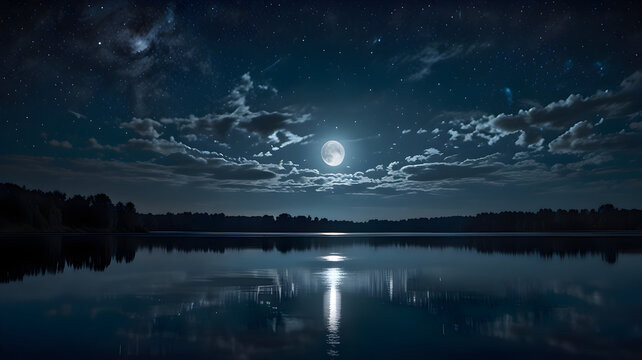Luminous full moon reflecting on dark, still lake under a star-dusted, cloudy night sky with silhouetted treeline