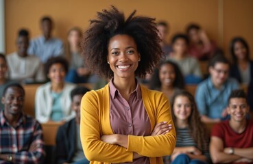 Fototapeta premium Smiling Black woman instructor stands in lecture hall with arms crossed. Diverse students sit in rows behind her. She leads a learning session.