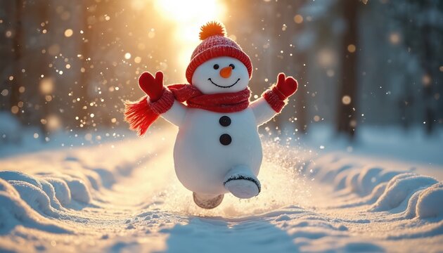 Joyful snowman with red hat and scarf runs fast through snowy path. Winter forest background with warm sun flare and falling snowflakes. Festive motion captures pure fun and holiday spirit. - Powered by Adobe