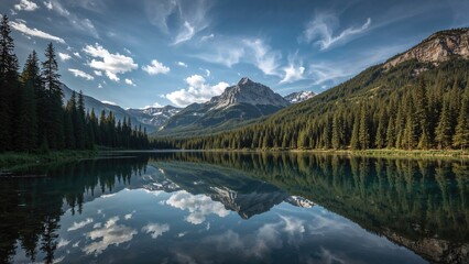 A tranquil mountain lake surrounded by dense forests and towering mountains under a partly cloudy sky.