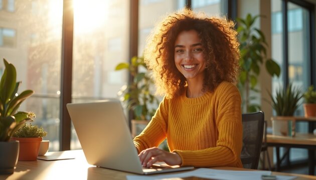 Young businesswoman works on laptop in bright office space. Natural light illuminates smiling face, vibrant yellow sweater. Indoor workspace features plants creating productive, positive atmosphere.